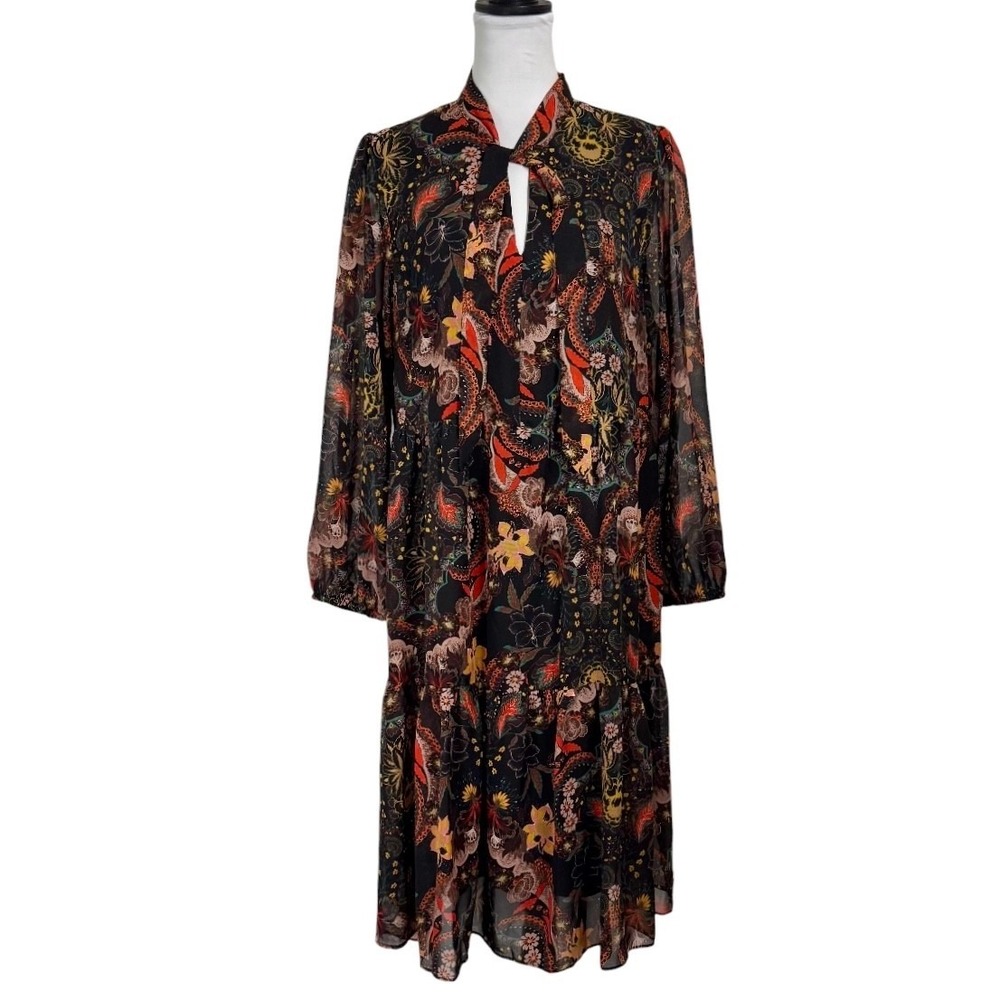 Robbie Bee Floral Paisley Tiered Chiffon Dress Sz XL Tie‎ Neck Boho Fairy Whimsy